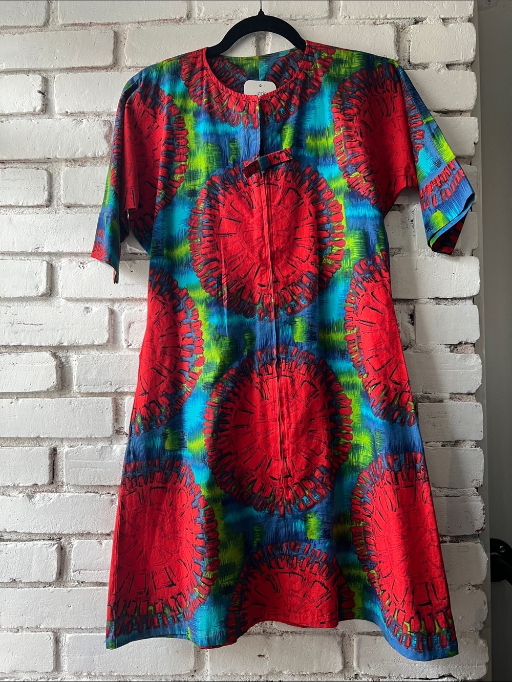 Vintage hand made crew neck Multicolor Mini Dress with Bold Red Circle Pattern